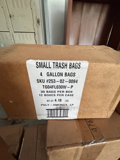 case of small 4 gal. trash bags 30 bags per box/12 boxes per case 360 bags total per case