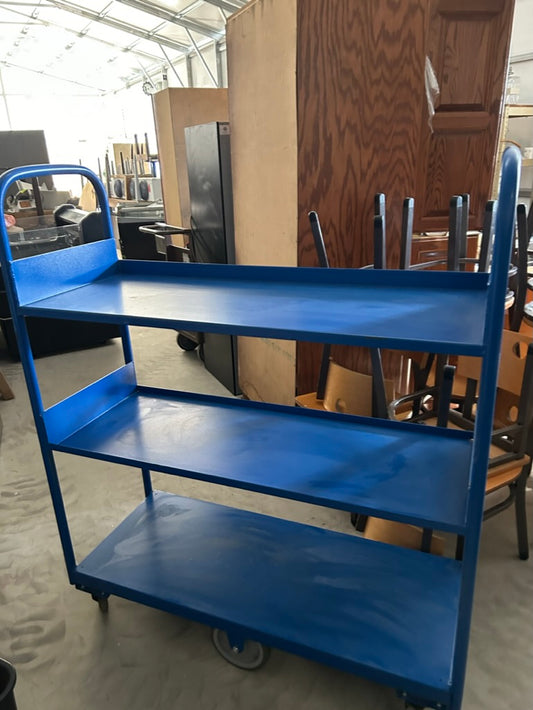 Heavy Blue 6 wheel storage cart, 3 shelf, 59"Hx50"Wx18 1/4"D