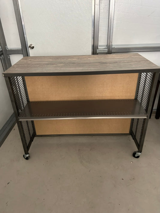 2- display tables with wood look tops and metal bases adjustable shelves 52"x25"x41" and 40.5x 25x35