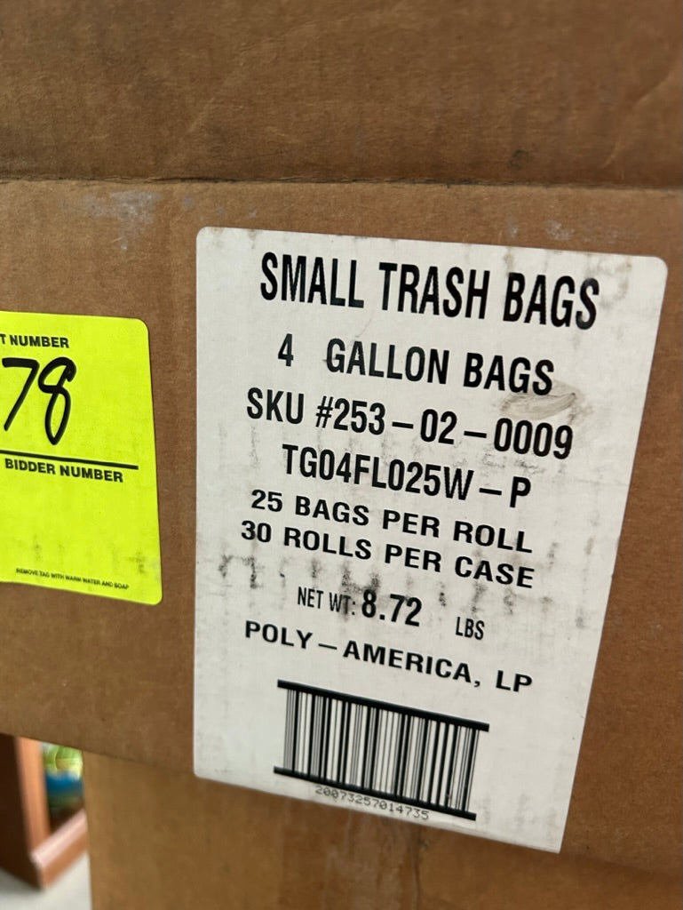 Case of small trash bags (4 gal) 25 bags per roll/30 rolls per case   750 bags total per case