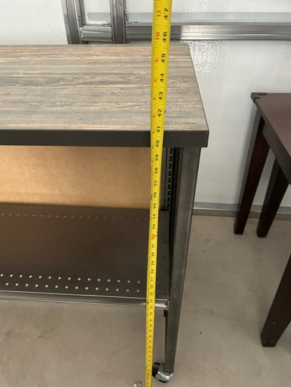 2- display tables with wood look tops and metal bases adjustable shelves 52"x25"x41" and 40.5x 25x35