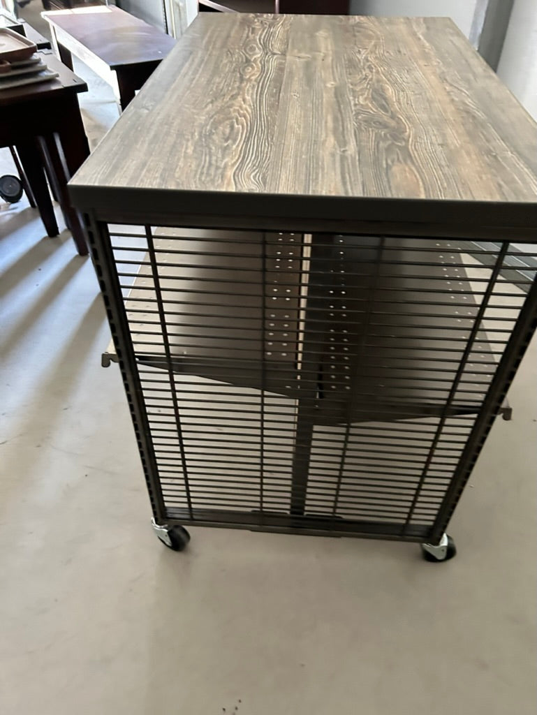 2- display tables with wood look tops and metal bases adjustable shelves 52"x25"x41" and 40.5x 25x35