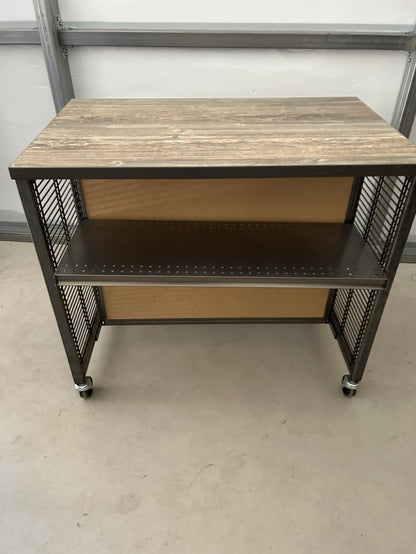 2- display tables with wood look tops and metal bases adjustable shelves 52"x25"x41" and 40.5x 25x35