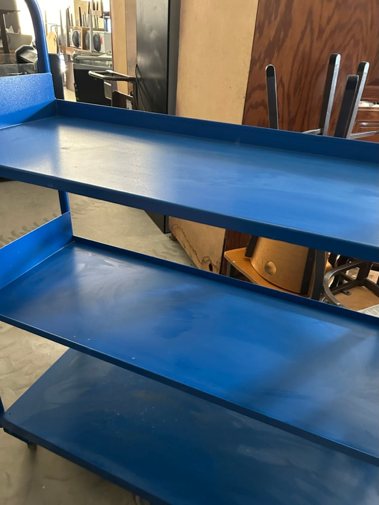 Heavy Blue 6 wheel storage cart, 3 shelf, 59"Hx50"Wx18 1/4"D