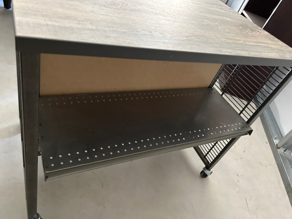 2- display tables with wood look tops and metal bases adjustable shelves 52"x25"x41" and 40.5x 25x35